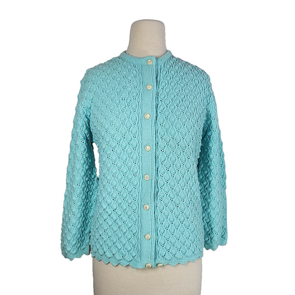 VTG Cuddle Knit Cardigan Sweater M Blue Nubby 60s Cottage Coquette Rockabilly - Picture 1 of 12